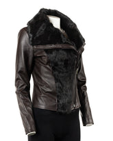 Ladies Charm Exclusive Brown Asymmetric Double Zip Jacket with Faux Fur Detail: Janice