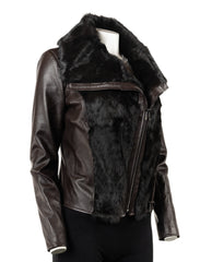 Ladies Charm Exclusive Brown Asymmetric Double Zip Jacket with Faux Fur Detail: Janice