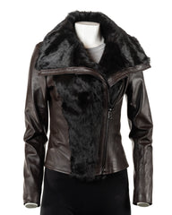 Ladies Charm Exclusive Brown Asymmetric Double Zip Jacket with Faux Fur Detail: Janice