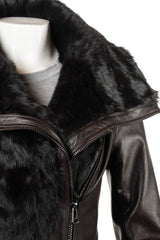 Ladies Charm Exclusive Brown Asymmetric Double Zip Jacket with Faux Fur Detail: Janice