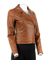 Ladies Tan Leather Simple Asymmetric Biker Style Jacket: Andrea