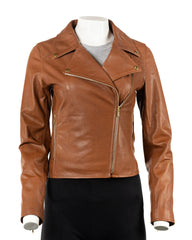 Ladies Tan Leather Simple Asymmetric Biker Style Jacket: Andrea