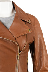 Ladies Tan Leather Simple Asymmetric Biker Style Jacket: Andrea