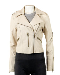 Ladies Charm Exclusive Ivory Leather Biker Jacket - Lucia