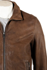 Men's Smart Brown Leather Coat with Removable Double Collar: