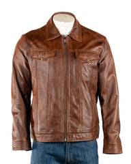 Men's Deep Cognac Leather Shirt Style Bomber Jacket: Beck