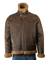 Men's Antique Brown B3 Style Vertical Zip Sheepskin Aviator Pilot Flight Jacket: Nico