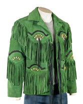 Men's Green Suede Native American Western Style Jacket with Fringe and Beads - Navajo Men's