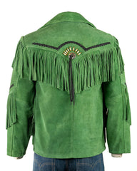 Men's Green Suede Native American Western Style Jacket with Fringe and Beads - Navajo Men's