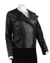 Ladies Black Leather Round Neck Biker Style Jacket: Melanie