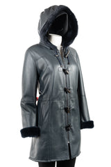 Ladies Navy Sheepskin Duffle with Leather Finish: Helena