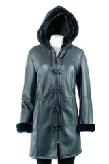 Ladies Navy Sheepskin Duffle with Leather Finish: Helena