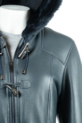 Ladies Navy Sheepskin Duffle with Leather Finish: Helena