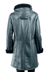 Ladies Navy Sheepskin Duffle with Leather Finish: Helena
