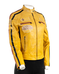 Women's Yellow Vintage Style Racing Biker Style Leather Jacket: Paoline