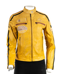 Women's Yellow Vintage Style Racing Biker Style Leather Jacket: Paoline