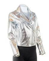 Ladies Silver Leather Biker Jacket - Caroline