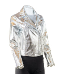 Ladies Silver Leather Biker Jacket - Caroline