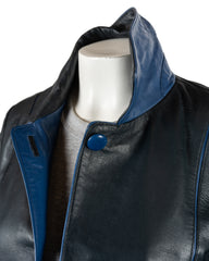 Ladies Navy Contrast Buttoned Leather Jacket: Cassandra
