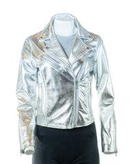 Ladies Silver Leather Biker Jacket - Caroline