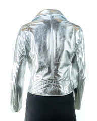 Ladies Silver Leather Biker Jacket - Caroline