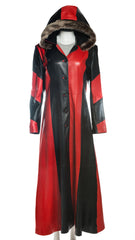 Women's Red and Black Ladies Long Leather Coat with Detachable Hood: Cruella