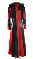 Women's Red and Black Ladies Long Leather Coat with Detachable Hood: Cruella