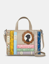 Yoshi - Jane Austen Bookworm Warm Grey Leather Grab Bag with Detachable Shoulder Strap
