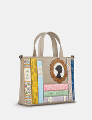 Yoshi - Jane Austen Bookworm Warm Grey Leather Grab Bag with Detachable Shoulder Strap
