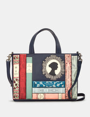 Yoshi - Jane Austen Bookworm Navy Leather Grab Bag with Detachable Shoulder Strap