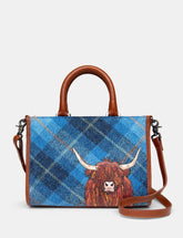 Yoshi - Highland Cow Blue Harris Tweed Grab Bag with Detachable Shoulder Strap