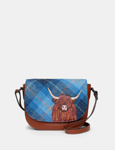 Yoshi - Highland Cow Blue Harris Tweed Flap Over Cross Body Bag