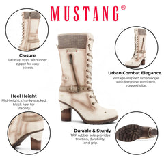 Mustang - Women's Antique Cream Vegan Leather Mid Calf Heeled Boots