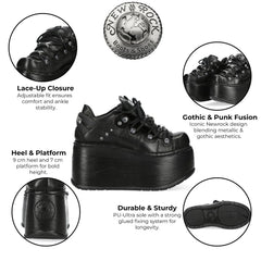 NEW ROCK - M-120N-C96 Black Leather Wedge Platform Boots