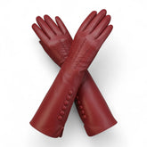 Womens Red Long Italian Leather Gloves with Button Detail & Wool Lining