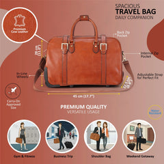 Deep Tan Leather Wheeled Cabin Holdall With Detachable Shoulder Strap