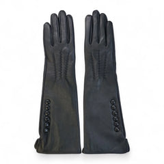 Womens Black Long Italian Leather Gloves with Button Detail & Wool Lining