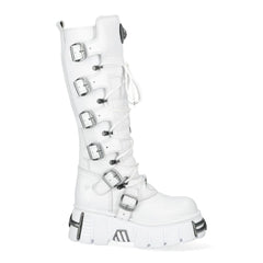 NEW ROCK - M-272-C69 White Leather Knee High Lace Up Boots