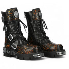 NEW ROCK - M-591-C58 Black Flame Leather Mid Calf Boots