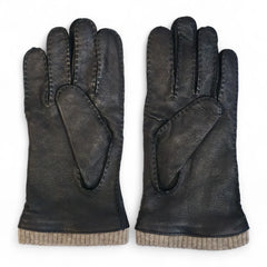 Mens Black Italian Leather Gloves with Wool Trim & Lining