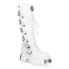 NEW ROCK - M-272-C69 White Leather Knee High Lace Up Boots