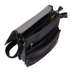 Black Leather Flap Over Cross Body Travel Bag