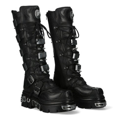 NEW ROCK - M-161-C10 Black Spiked Knee High Leather Platform Boots
