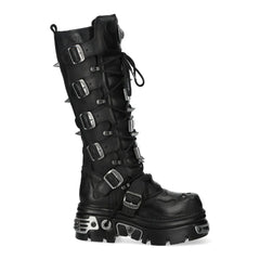 NEW ROCK - M-161-C10 Black Spiked Knee High Leather Platform Boots