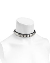 Square Studded Black Leather Choker with Buckle Fastener