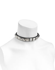 Square Studded Black Leather Choker with Buckle Fastener