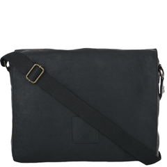 Black Leather Flap Over Messenger Bag