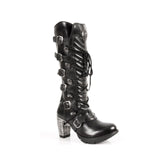 New Rock TR004-S1 Ladies Black Leather Buckle Lace Knee High Biker Boots