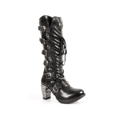 New Rock TR004-S1 Ladies Black Leather Buckle Lace Knee High Biker Boots