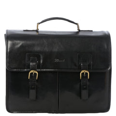 Men's Black Leather Triple Gusset Briefcase with Shoulder Strap